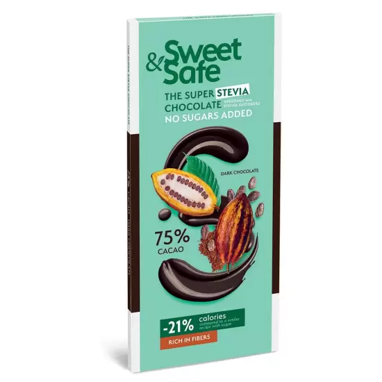 Czekolada deserowa 75% kakao, słodzona stewią Sweet&Safe 90g - Sly Nutriţia SRL