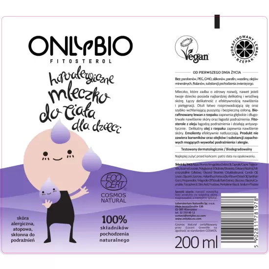 Hipoalergiczne mleczko do mycia ciała dla dzieci skóra atopowa 200 ml - OnlyBio