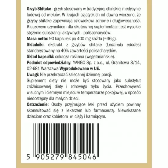 Shitake - ekstrakt 40% polisacharydów - 90 kapsułek - Yango
